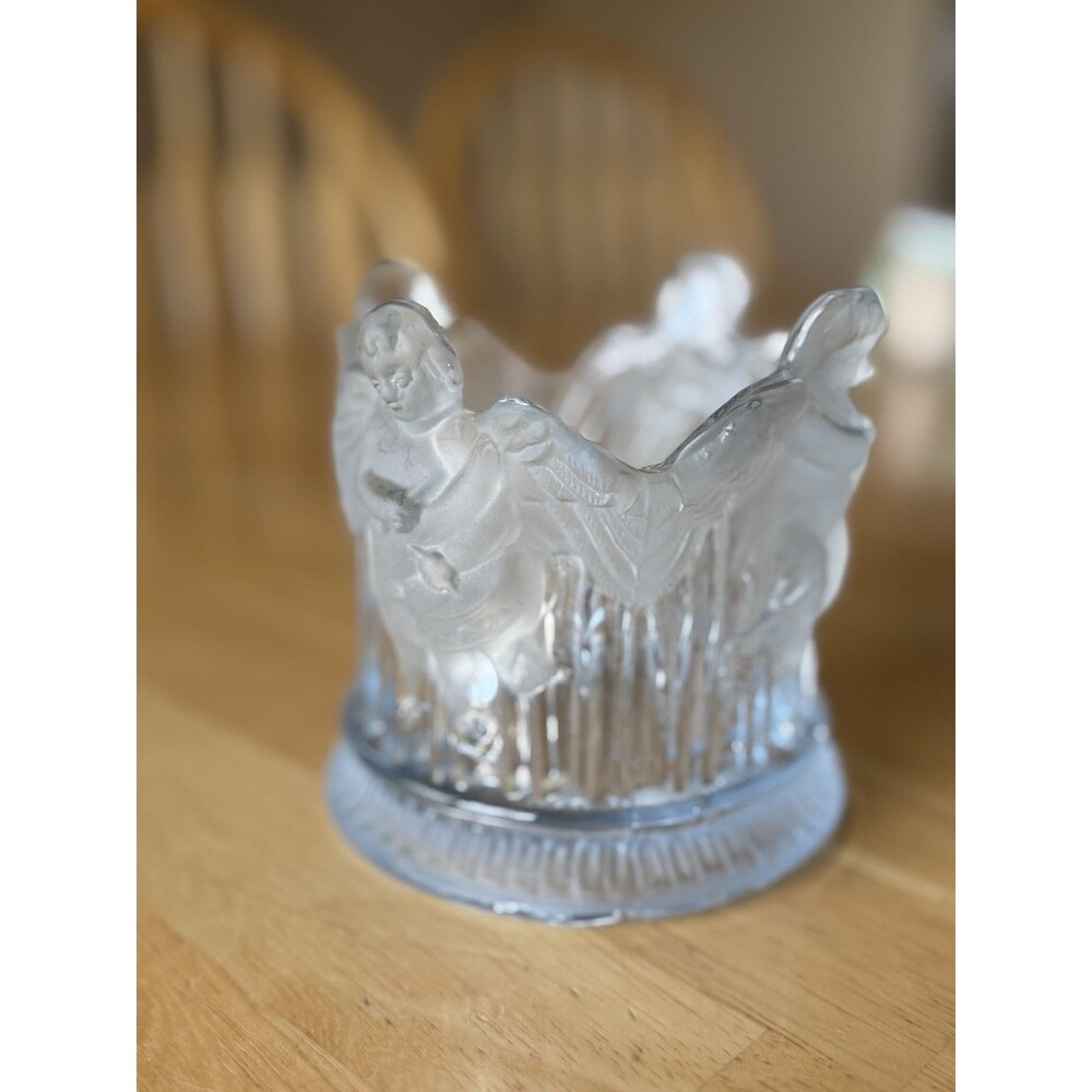 Vintage Large Frosted Cherub Art Glass Angels Pillar Spiritual Candle Holder